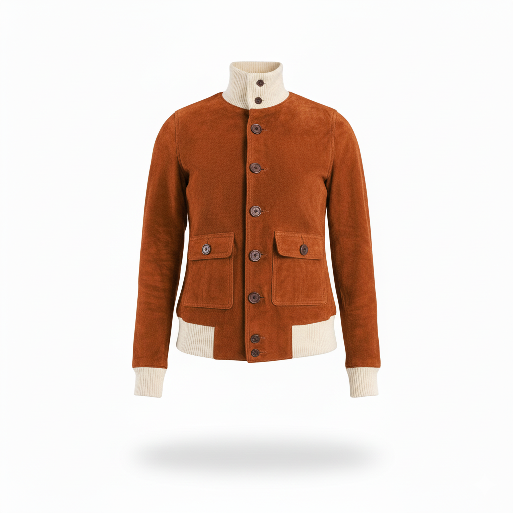 Brown jacket with white collar and cuffs on a white background