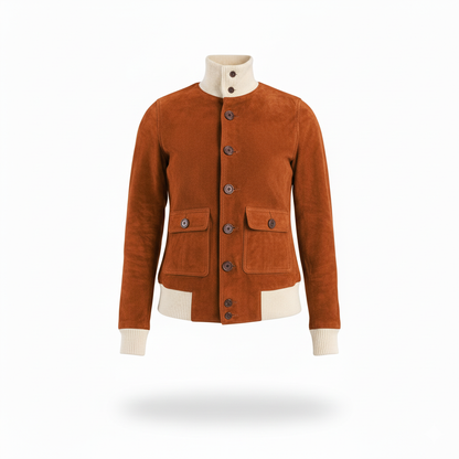 Brown jacket with white collar and cuffs on a white background