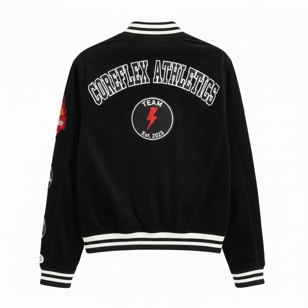 Black jacket with 'Coreflex Athletics' branding on a white background
