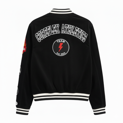 Black jacket with 'Coreflex Athletics' branding on a white background