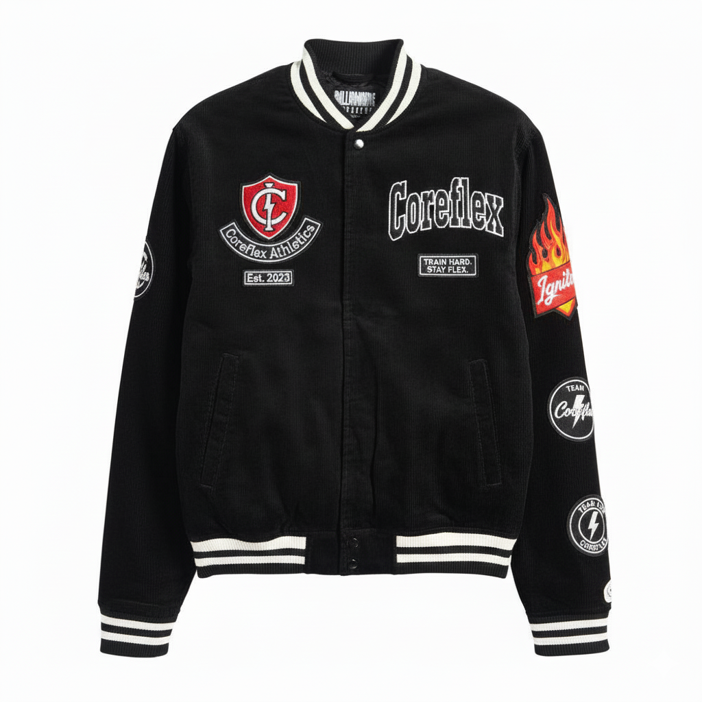 Black varsity jacket with logos and text on a white background