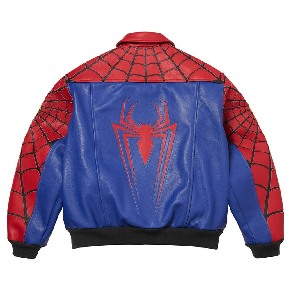 A Spider-Man themed faux leather jacket shown from the back, featuring a red and blue color scheme with a large red spider logo on the back and web-patterned detailing on the shoulders and sleeves.