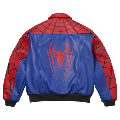 A Spider-Man themed faux leather jacket shown from the back, featuring a red and blue color scheme with a large red spider logo on the back and web-patterned detailing on the shoulders and sleeves.