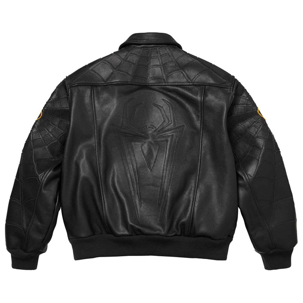 Black leather bomber jacket shown from the back, featuring a large embossed spider logo on the center back, textured spiderweb pattern on the shoulders and sleeves, and ribbed collar, cuffs, and hem.