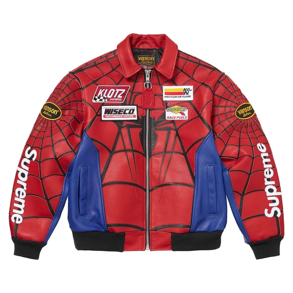 A Spider-Man themed leather jacket featuring red and blue panels, a black spiderweb pattern, 'Supreme' branding on the sleeves, and various fictional racing patches on the chest.