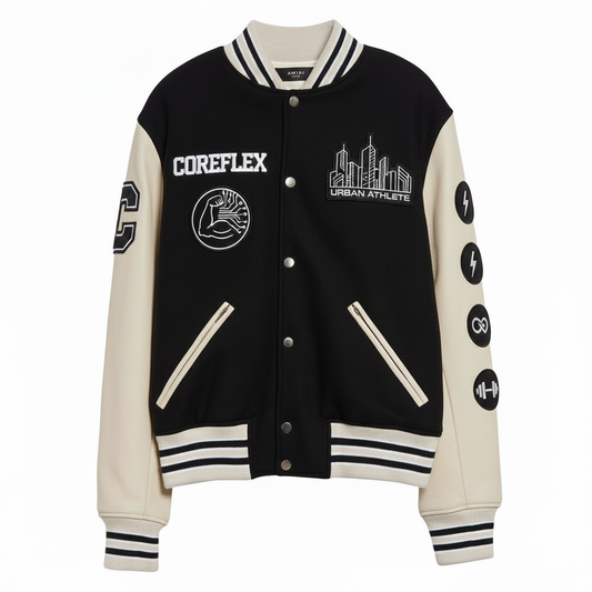 Black and beige varsity jacket with logos and text on a white background