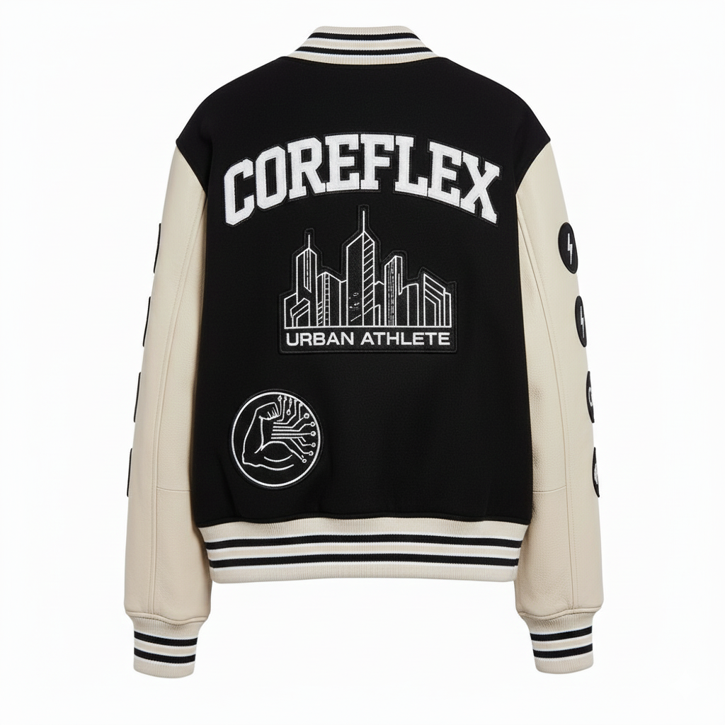 Black and white varsity jacket with 'COREFLEX' and 'Urban Athlete' text on a white background