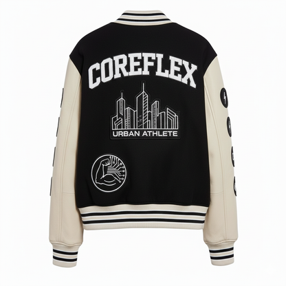 Black and white varsity jacket with 'COREFLEX' and 'Urban Athlete' text on a white background
