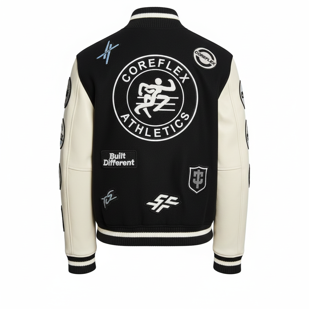 Black and white jacket with various logos and text on a white background