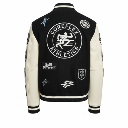 Black and white jacket with various logos and text on a white background