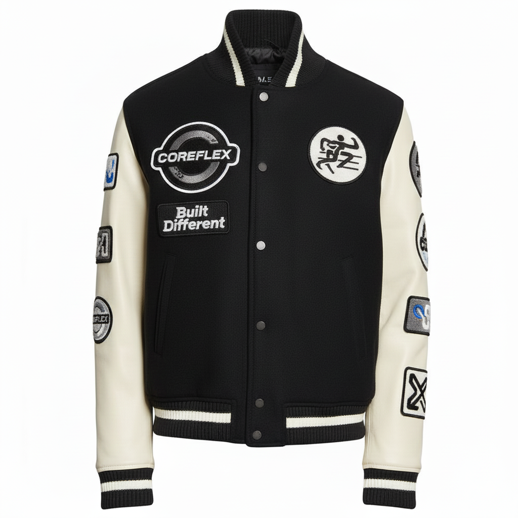 Black and white varsity jacket with various patches on a white background