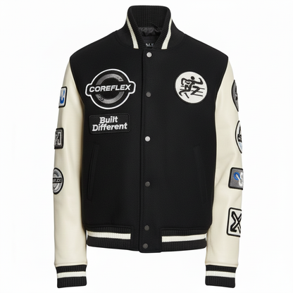Black and white varsity jacket with various patches on a white background