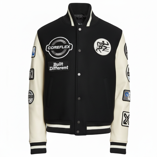 Black and white varsity jacket with various patches on a white background