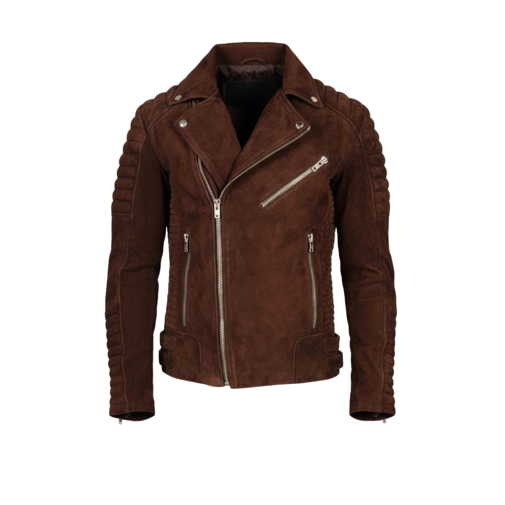 Brown suede jacket with zippers on a white background
