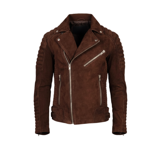 Brown suede jacket with zippers on a white background