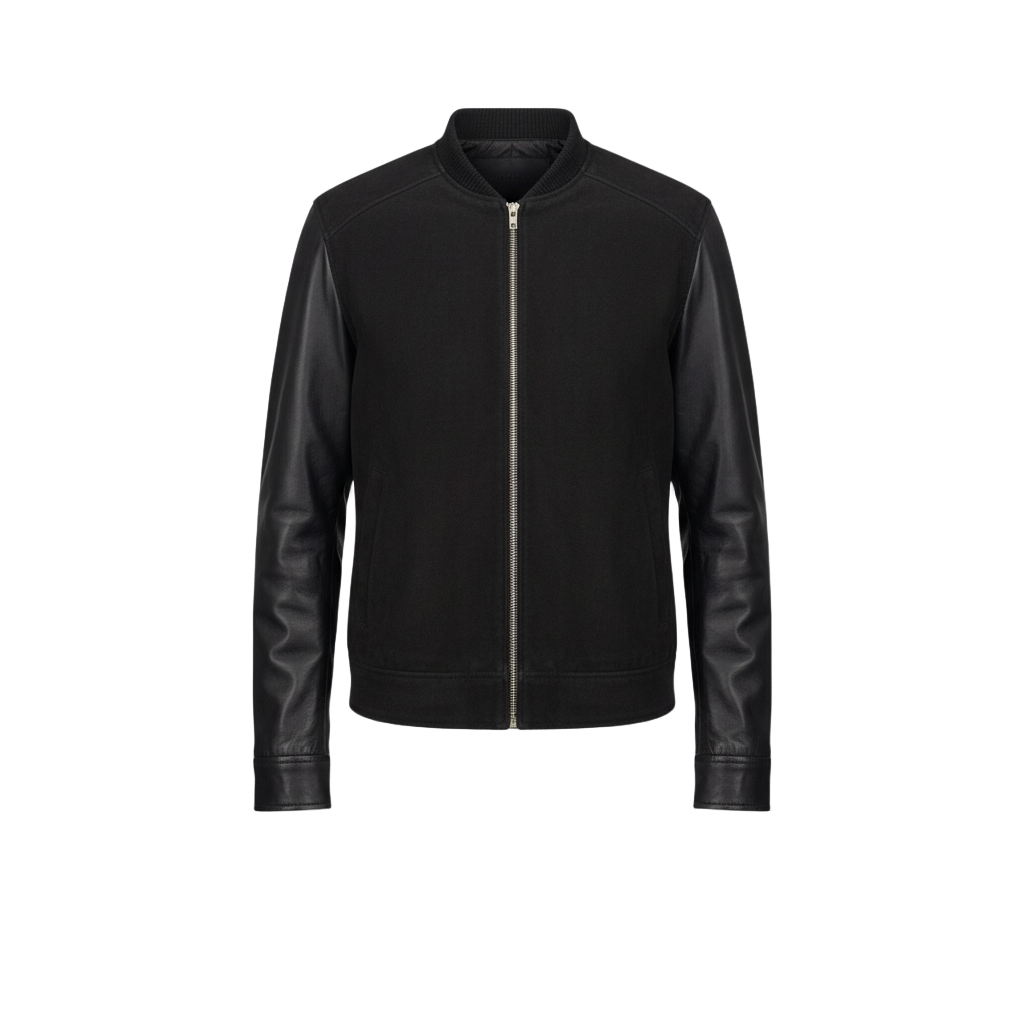 Black jacket with leather sleeves on a white background