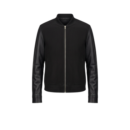 Black jacket with leather sleeves on a white background