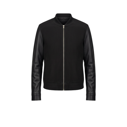 Black jacket with leather sleeves on a white background
