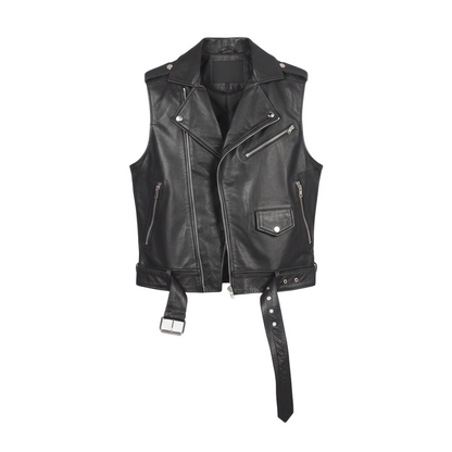 Black leather vest with zippers on a light gray background
