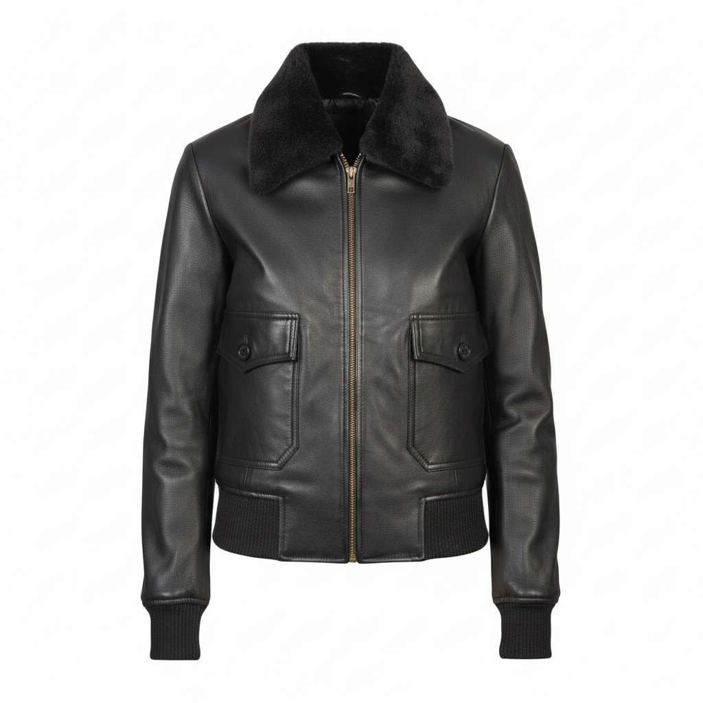 Black leather jacket with fur collar on a white background