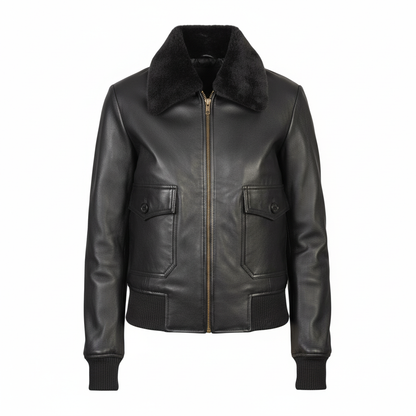 Black leather jacket with fur collar on a white background