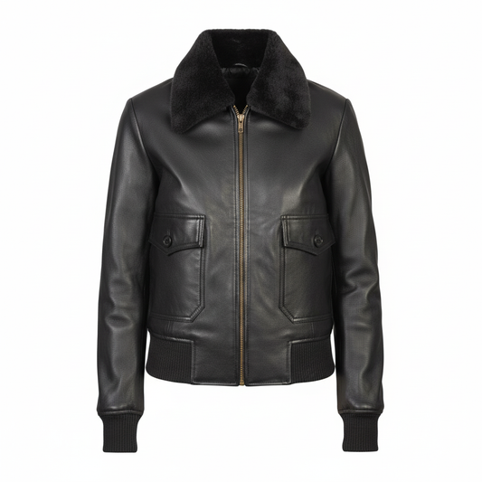 Black leather jacket with fur collar on a white background