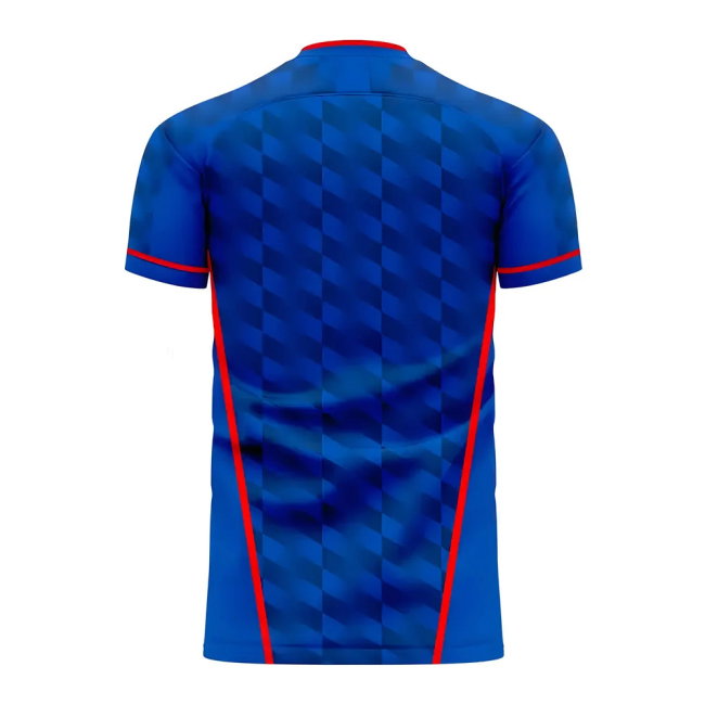 The back view of a royal blue short-sleeve athletic jersey featuring a geometric diamond pattern and red trim details on the collar, sleeve cuffs, and side seams, shown against a plain white background.