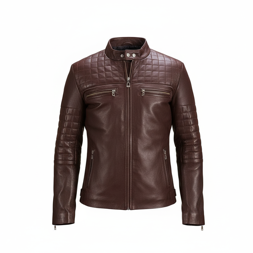 Urbane Quilted Maroon Leather Biker Jacket - CoreFlexInd