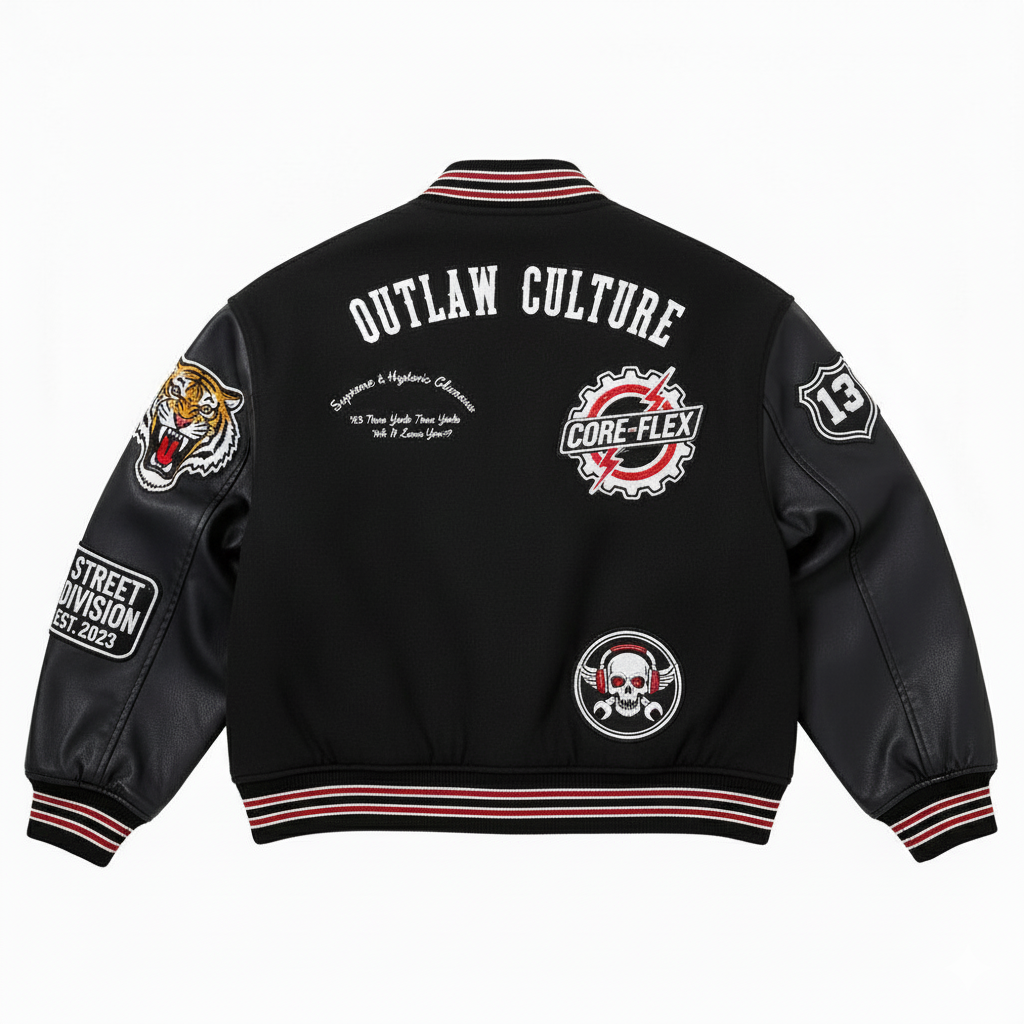Black jacket with various logos and text on a white background