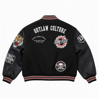 Black jacket with various logos and text on a white background