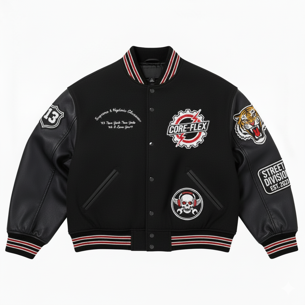 Black varsity jacket with various logos and designs on a white background