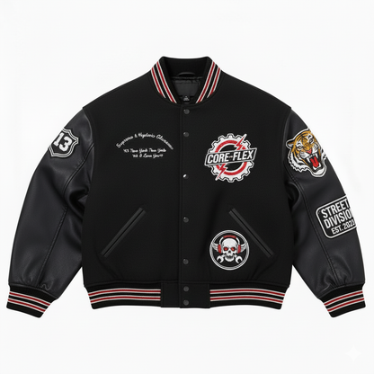 Black varsity jacket with various logos and designs on a white background