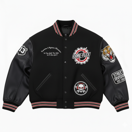 Black varsity jacket with various logos and designs on a white background