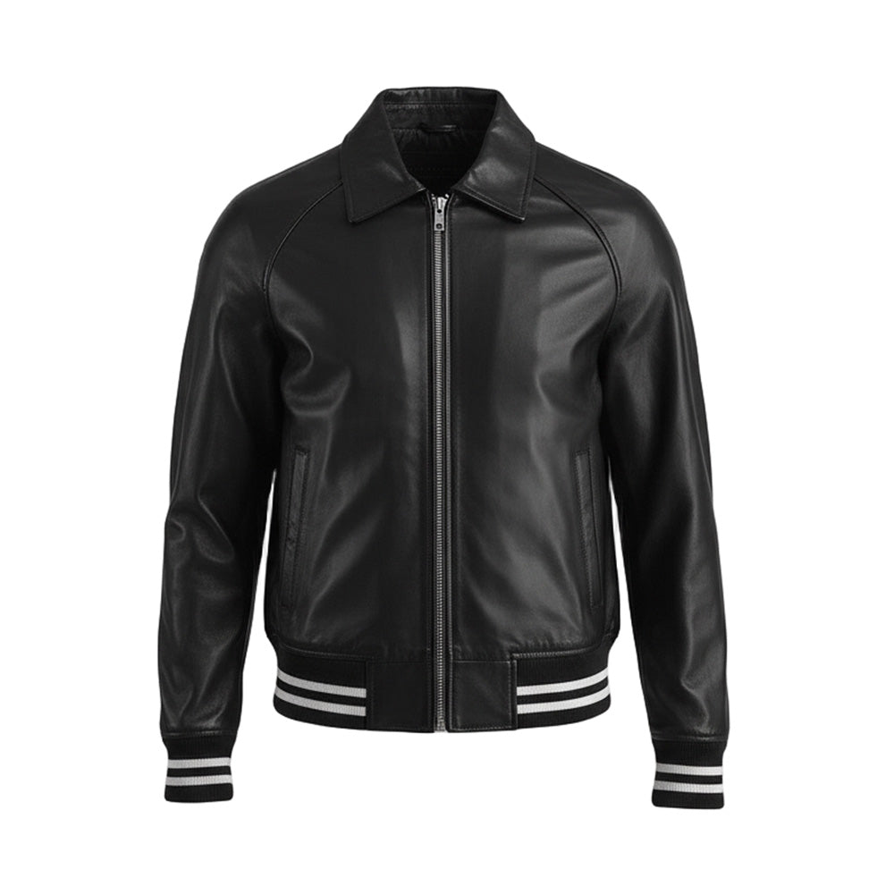 Black leather jacket with white trim on a light gray background