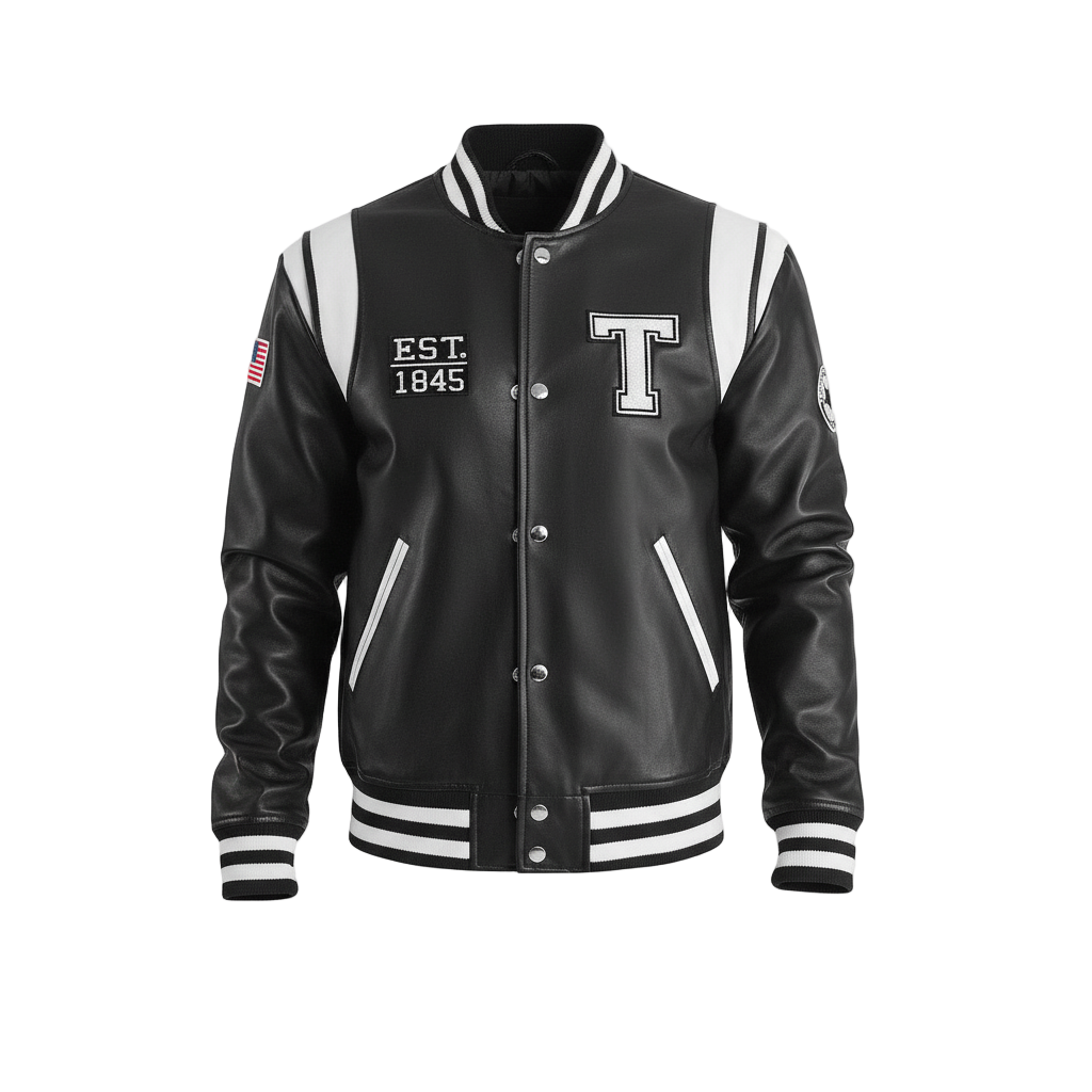 Black varsity jacket with white lettering and accents on a white background
