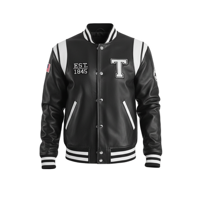 Black varsity jacket with white lettering and accents on a white background
