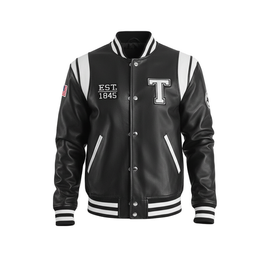 Black varsity jacket with white lettering and accents on a white background