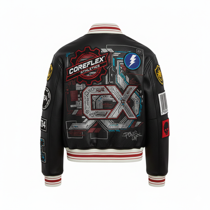 Black jacket with colorful graphics and branding on a white background