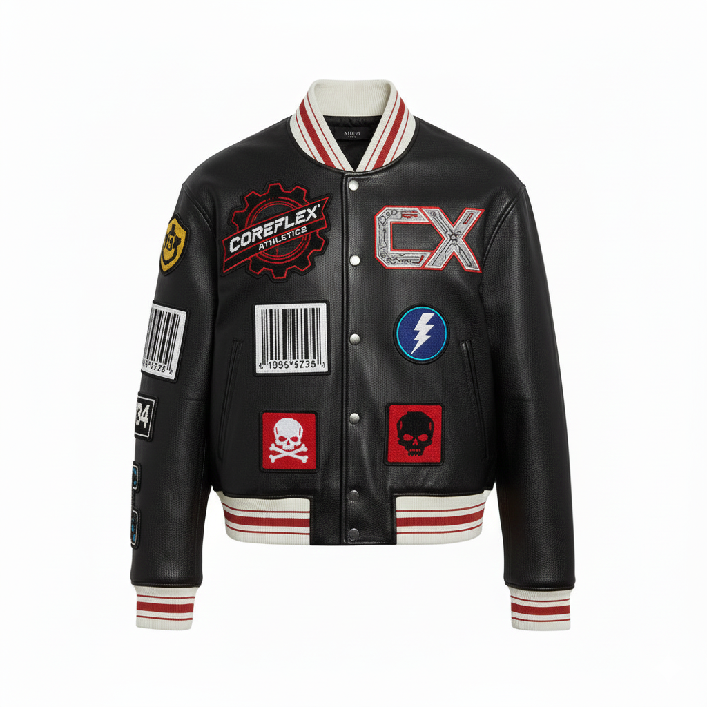 Black leather jacket with various patches and logos on a white background