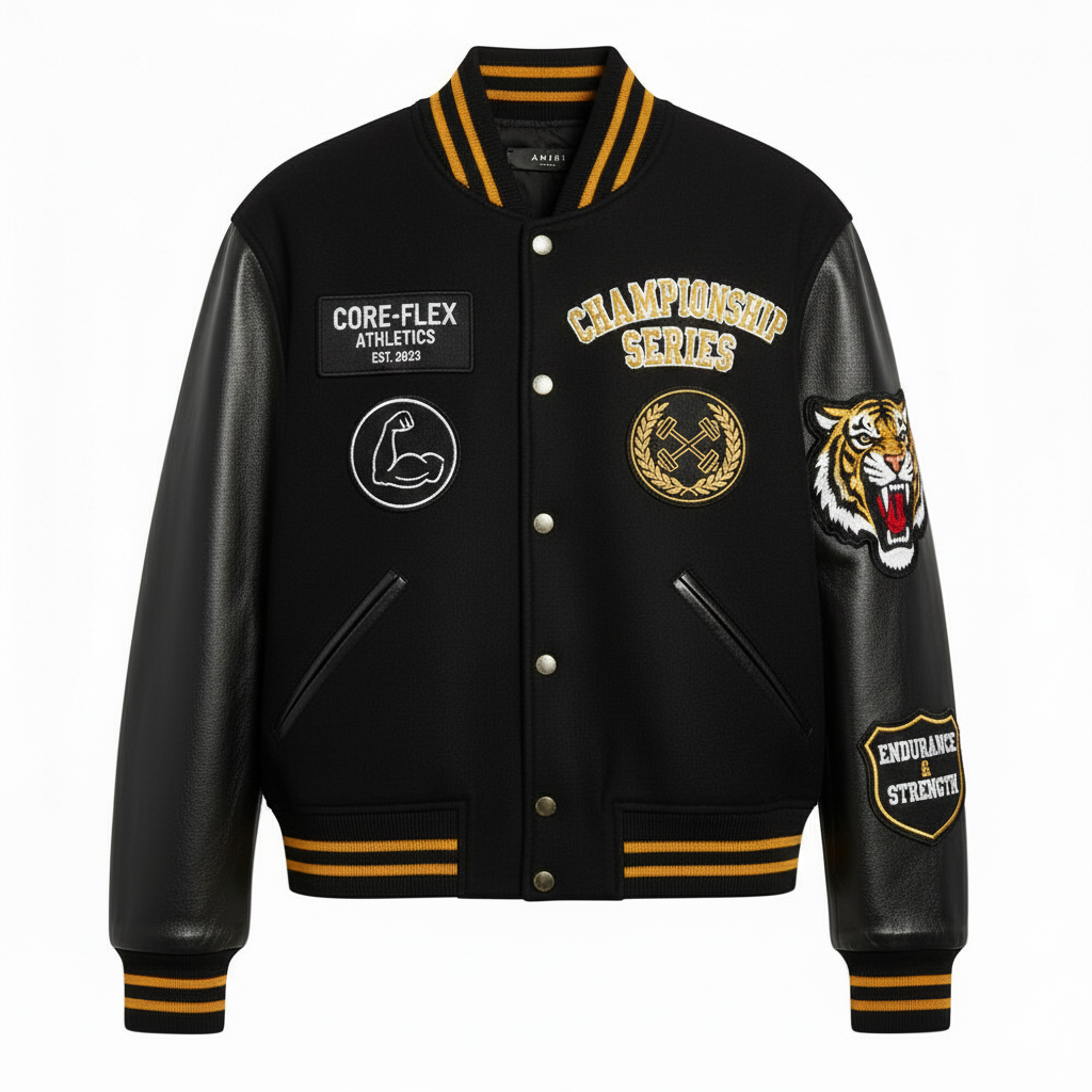 Black varsity jacket with gold accents and various logos on a white background