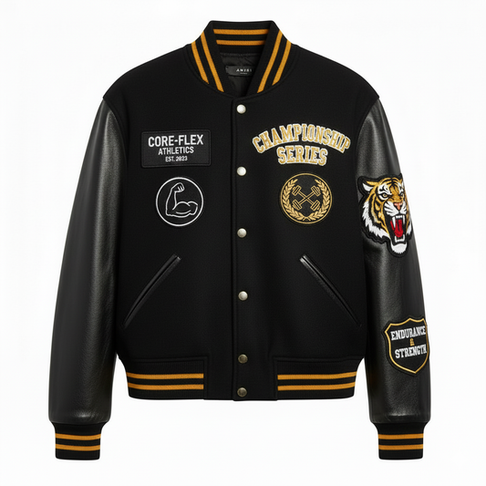Black varsity jacket with gold accents and various logos on a white background