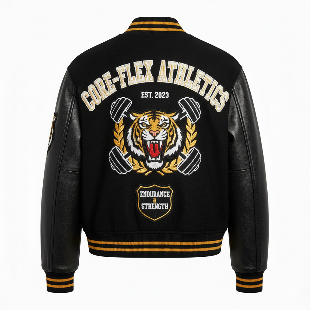 Black varsity jacket with tiger emblem and 'Core-Flex Athletics' text on a white background