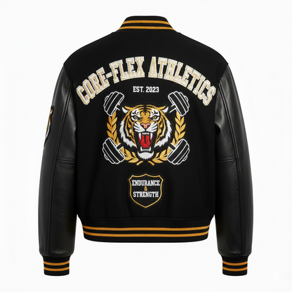 Black varsity jacket with tiger emblem and 'Core-Flex Athletics' text on a white background