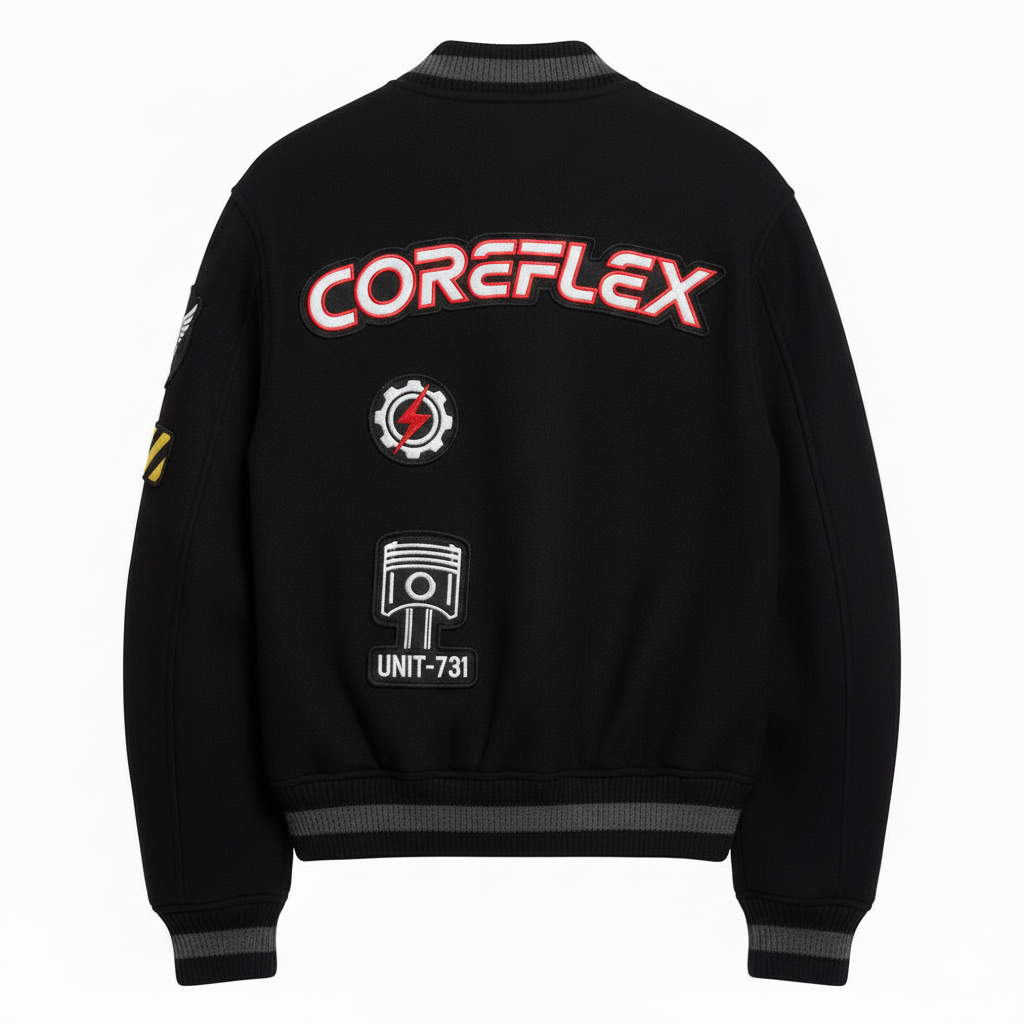 Black jacket with 'COREFLEX' and other text and logos on a white background