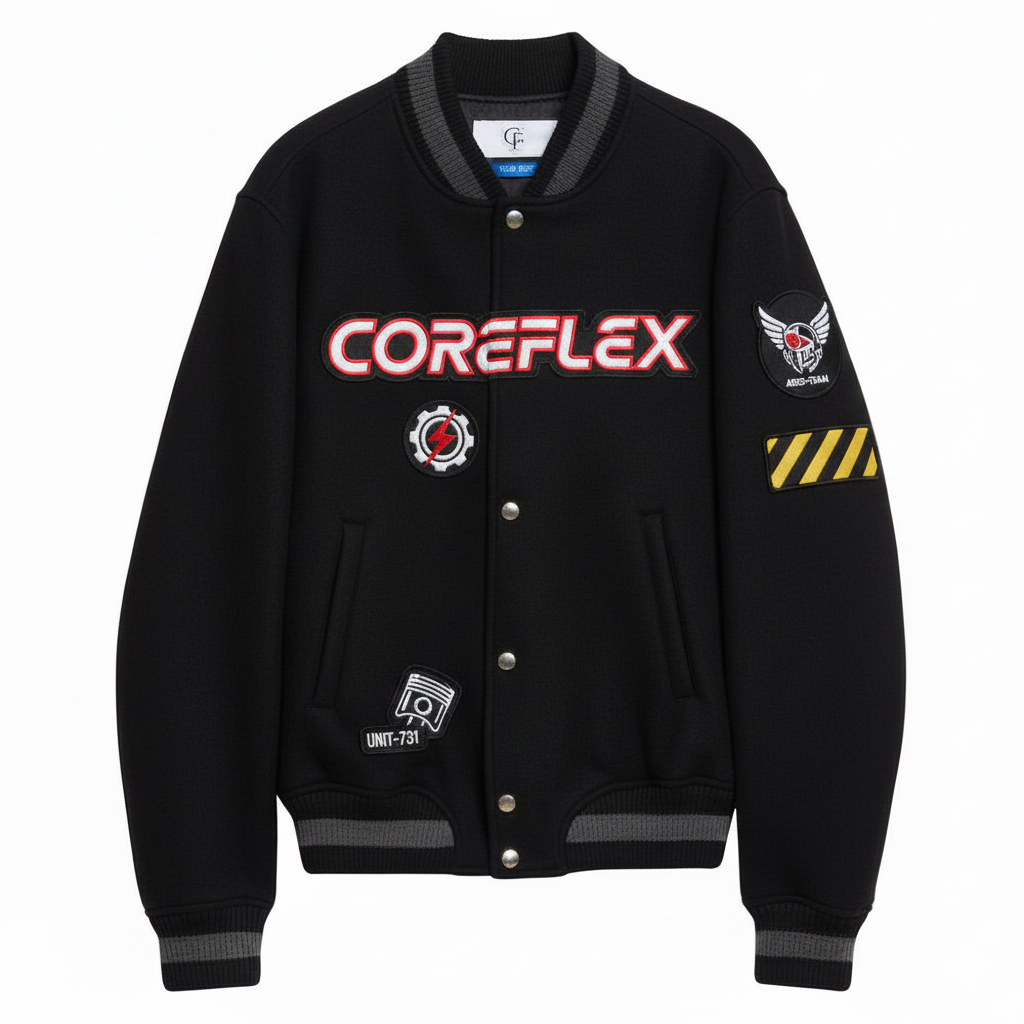 Black jacket with 'COREFLEX' branding and various logos on a white background