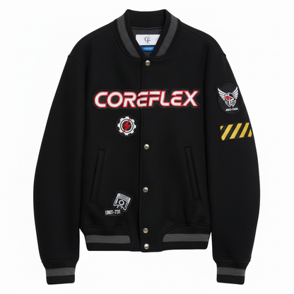 Black jacket with 'COREFLEX' branding and various logos on a white background