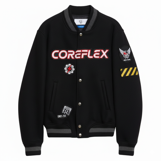 Black jacket with 'COREFLEX' branding and various logos on a white background