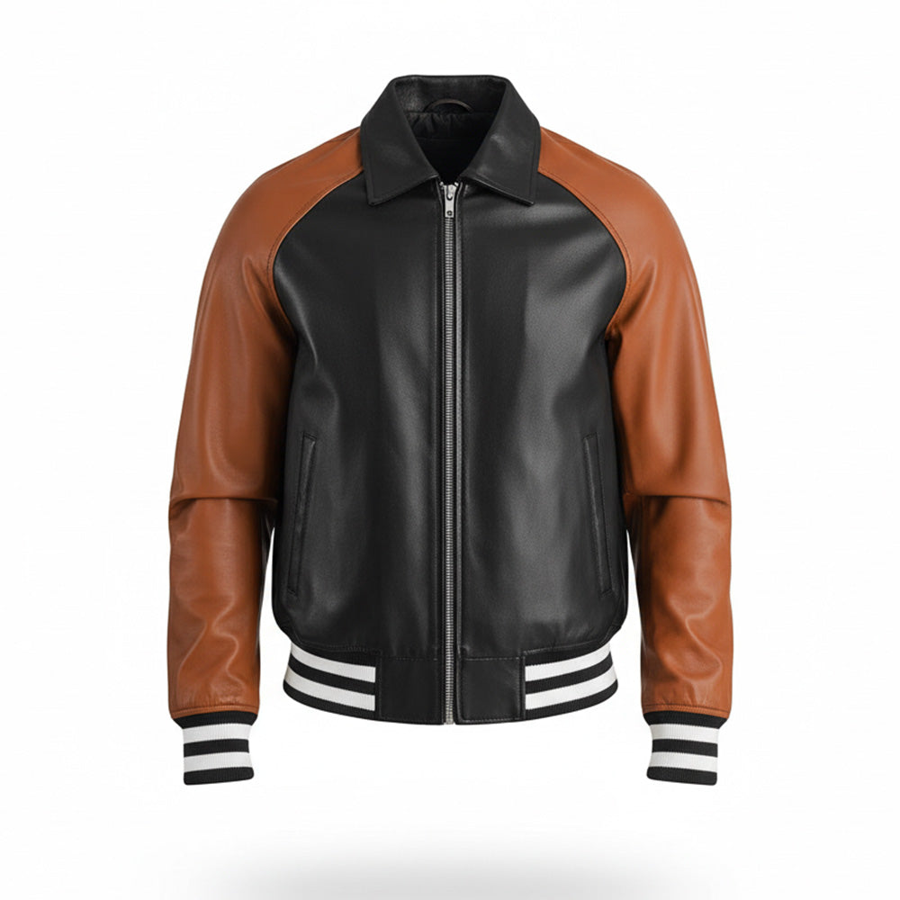 Black and brown leather jacket with white stripes on a white background