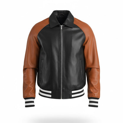 Black and brown leather jacket with white stripes on a white background