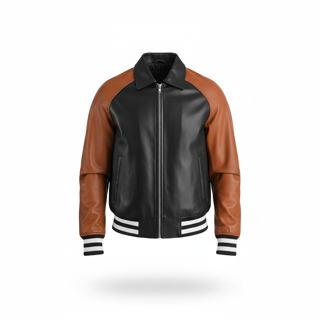 Black and brown leather jacket with white stripes on a white background